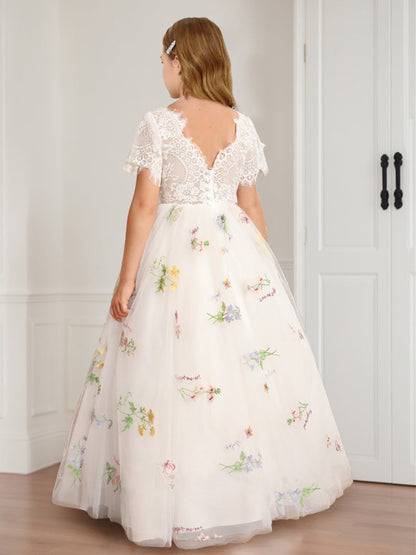 Robes de Fille d'Honneur en Ligne A/Princesse, Col en U, Longueur Au Sol, en Dentelle avec Broderie Florale