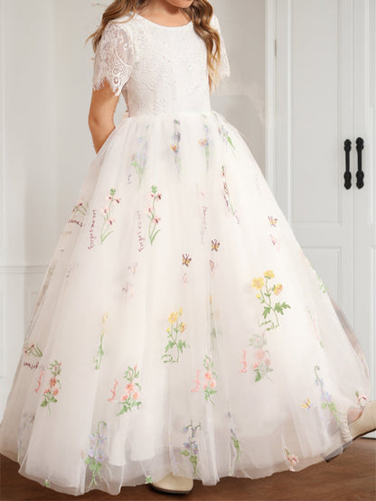Robes de Fille d'Honneur en Ligne A/Princesse, Col en U, Longueur Au Sol, en Dentelle avec Broderie Florale