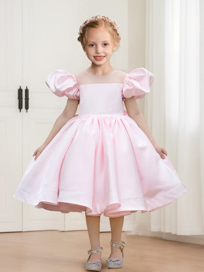 Robes de Fille d'Honneur en Satin à Col Rond, Manches Bouffantes, Longueur Genou, Style A-Line/Princesse