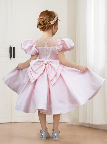 Robes de Fille d'Honneur en Satin à Col Rond, Manches Bouffantes, Longueur Genou, Style A-Line/Princesse