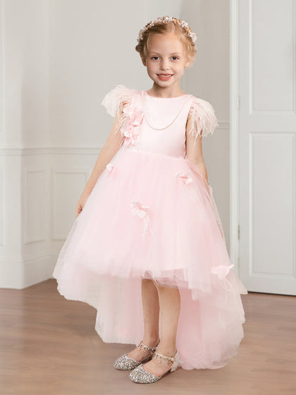 Robes de Fille de Fleurs en Tulle A-Ligne/Princesse Col Rond sans Manches Haut-Bas avec Perles et Plumes