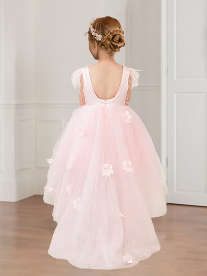 Robes de Fille de Fleurs en Tulle A-Ligne/Princesse Col Rond sans Manches Haut-Bas avec Perles et Plumes
