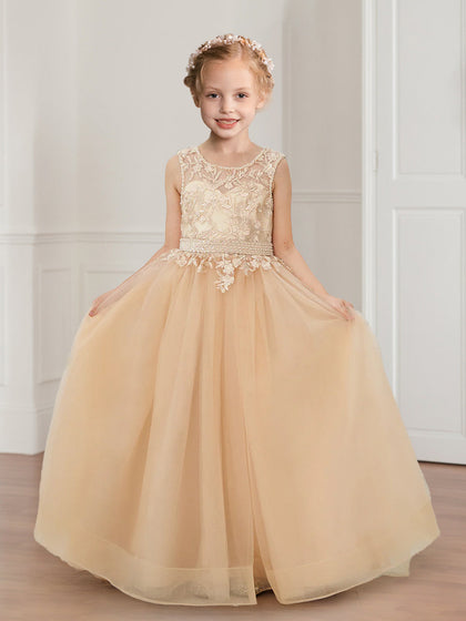Robes de Fille d'Honneur en Tulle avec Appliques, Col en Coeur, Style Princesse/Ball-Gown, avec Traîne Amovible