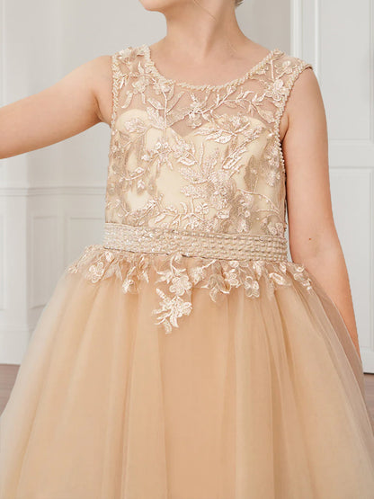 Robes de Fille d'Honneur en Tulle avec Appliques, Col en Coeur, Style Princesse/Ball-Gown, avec Traîne Amovible