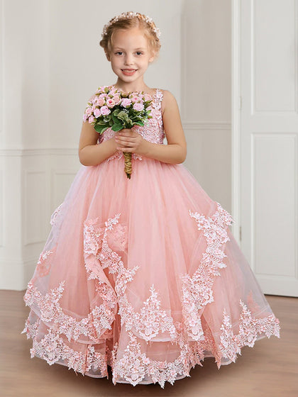 Robes de Fille d'Honneur en Tulle Style Princesse/Ball-Gown avec Décolleté en Cuillère et Appliqués