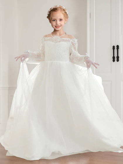Robes de Fête pour Filles en Tulle et Dentelle, Style Princesse/Bal de Promo, Décolleté Épaules Nues, Manches Longues