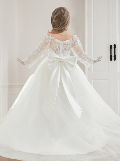 Robes de Fête pour Filles en Tulle et Dentelle, Style Princesse/Bal de Promo, Décolleté Épaules Nues, Manches Longues