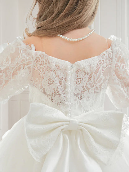 Robes de Fête pour Filles en Tulle et Dentelle, Style Princesse/Bal de Promo, Décolleté Épaules Nues, Manches Longues