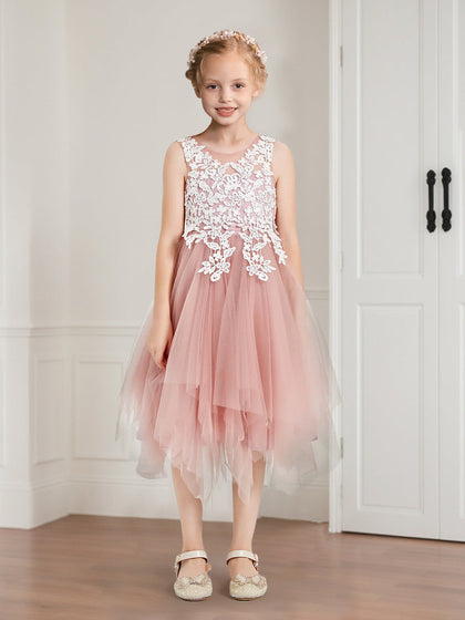 Robes de Fille d'Honneur en Tulle de Longueur Thé, Style Princesse/Ball-Gown, Col en U, avec Appliques