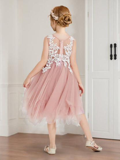 Robes de Fille d'Honneur en Tulle de Longueur Thé, Style Princesse/Ball-Gown, Col en U, avec Appliques