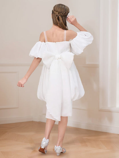 Robes de Fille d'Honneur Style Princesse/Ball-Gown avec Bretelles, Manches Bouffantes, Longueur Genou et Appliqués