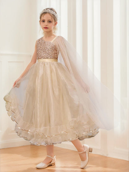 Robes de Fête pour Filles à Sequins, Style Princesse/Bal, Asymétrique, à Une Épaule, sans Manches, avec Cape