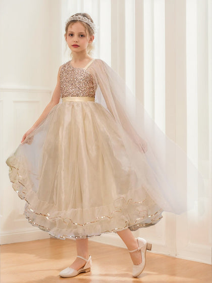 Robes de Fête pour Filles à Sequins, Style Princesse/Bal, Asymétrique, à Une Épaule, sans Manches, avec Cape