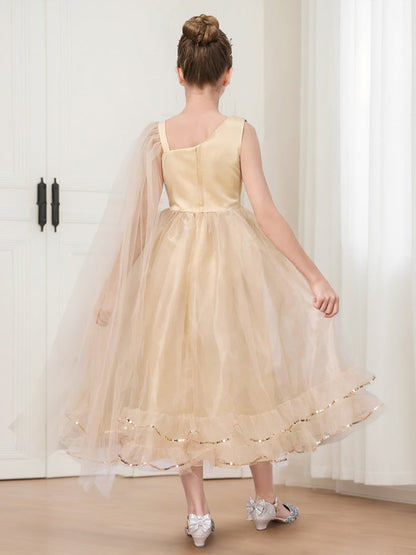 Robes de Fête pour Filles à Sequins, Style Princesse/Bal, Asymétrique, à Une Épaule, sans Manches, avec Cape
