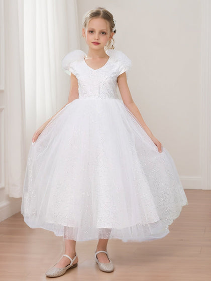 Robes de Fille d'Honneur Style Princesse/Ball-Gown Col en V Manches Capuchon Sequins avec Nœud