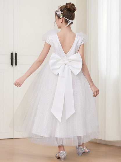 Robes de Fille d'Honneur Style Princesse/Ball-Gown Col en V Manches Capuchon Sequins avec Nœud