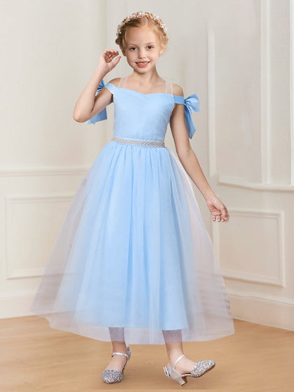 Robes de Fête pour Filles en Tulle Perlé, Style Princesse/Ball-Gown, Décolleté Épaules Nues avec Nœud
