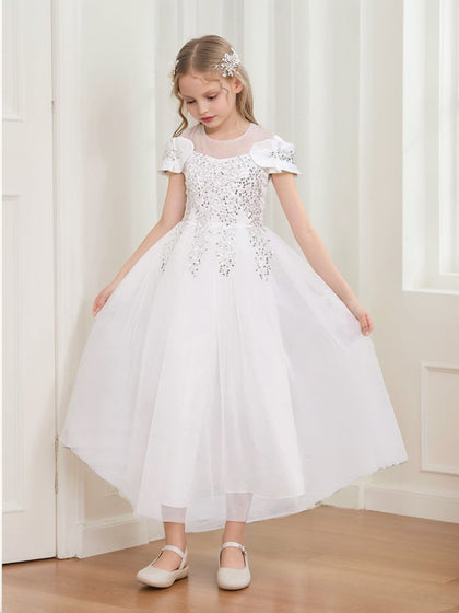 Robes de Fête pour Filles en Tulle Séquiné, Style Princesse/Ball-Gown, Décolleté Dégagé, avec Nœud