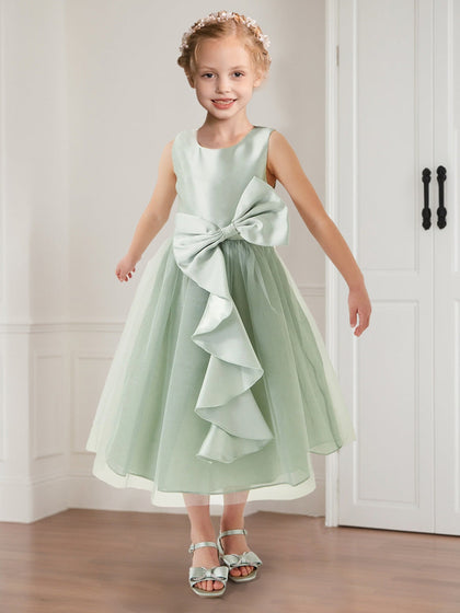 Robes de Soirée pour Filles en Satin et Tulle, Style Princesse, Col Rond, avec Nœud et Volants