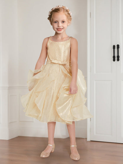 Robes de Fille d'Honneur Style Princesse/Ball-Gown Étincelantes à Col en V et Longueur Genou avec Volants