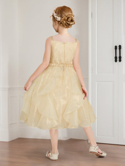 Robes de Fille d'Honneur Style Princesse/Ball-Gown Étincelantes à Col en V et Longueur Genou avec Volants