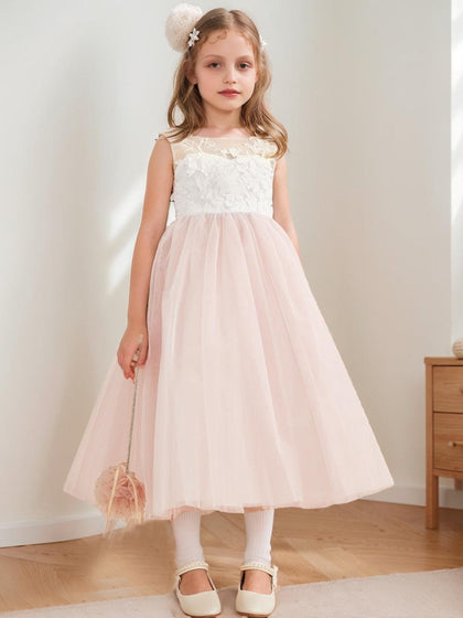 Robe de Petite Fille d'Honneur A-Line/Princesse En Tulle Col Rond Longueur Thé Sans Manches Avec Nœud Et Ceinture