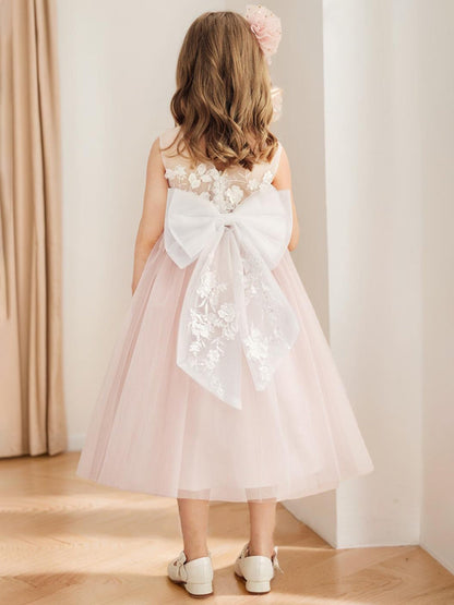 Robe de Petite Fille d'Honneur A-Line/Princesse En Tulle Col Rond Longueur Thé Sans Manches Avec Nœud Et Ceinture