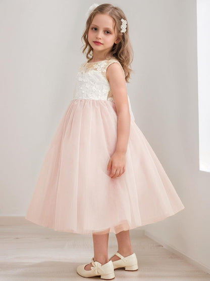 Robe de Petite Fille d'Honneur A-Line/Princesse En Tulle Col Rond Longueur Thé Sans Manches Avec Nœud Et Ceinture