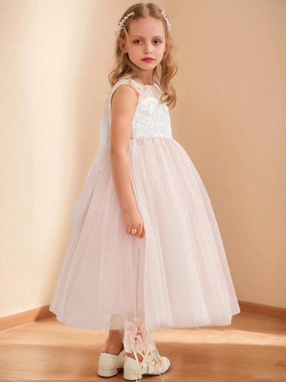Robe de Petite Fille d'Honneur A-Line/Princesse En Tulle Col Rond Longueur Thé Sans Manches Avec Nœud Et Ceinture