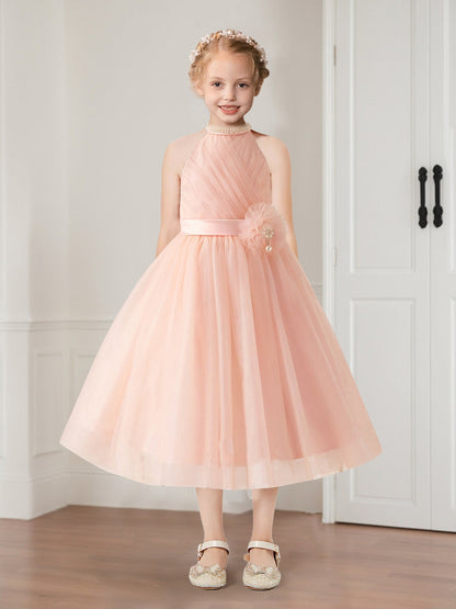 Robe de Petite Fille d'Honneur A-Line En Tulle À Col Halter Longueur Genou Sans Manches Avec Perles Et Nœud