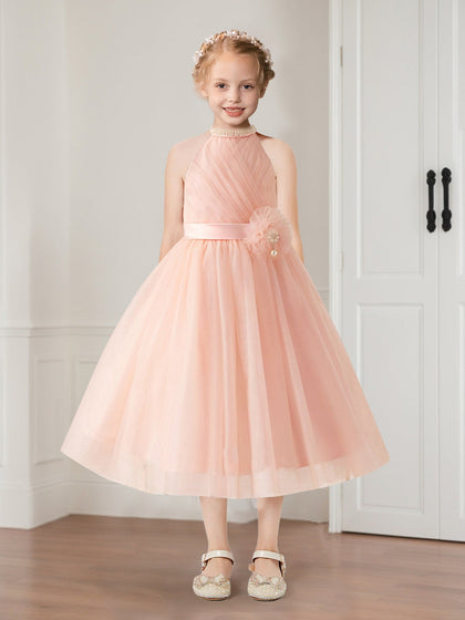 Robe de Petite Fille d'Honneur A-Line En Tulle À Col Halter Longueur Genou Sans Manches Avec Perles Et Nœud