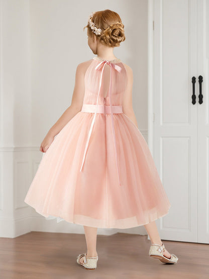 Robe de Petite Fille d'Honneur A-Line En Tulle À Col Halter Longueur Genou Sans Manches Avec Perles Et Nœud