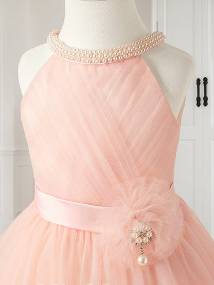 Robe de Petite Fille d'Honneur A-Line En Tulle À Col Halter Longueur Genou Sans Manches Avec Perles Et Nœud