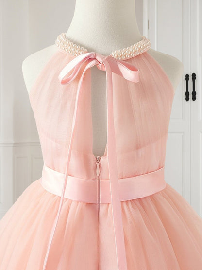 Robe de Petite Fille d'Honneur A-Line En Tulle À Col Halter Longueur Genou Sans Manches Avec Perles Et Nœud