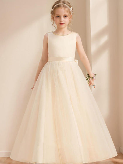 Robe de Petite Fille d'Honneur Ball-Gown Col Rond Longueur Sol Sans Manches Avec Perles Et Nœud