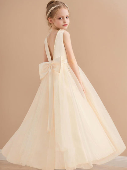 Robe de Petite Fille d'Honneur Ball-Gown Col Rond Longueur Sol Sans Manches Avec Perles Et Nœud