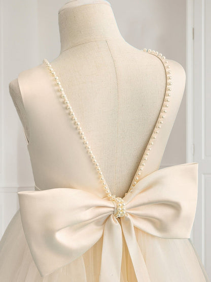 Robe de Petite Fille d'Honneur Ball-Gown Col Rond Longueur Sol Sans Manches Avec Perles Et Nœud