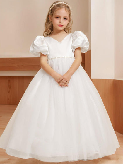 Robe de Petite Fille d'Honneur Ball-Gown/Princesse Col V Longueur Sol À Manches Courtes Bouffantes Avec Perles