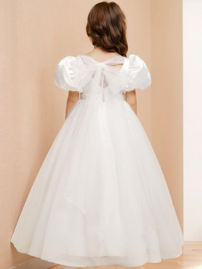 Robe de Petite Fille d'Honneur Ball-Gown/Princesse Col V Longueur Sol À Manches Courtes Bouffantes Avec Perles