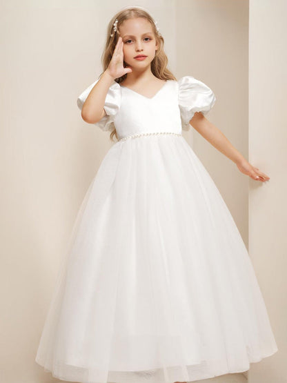 Robe de Petite Fille d'Honneur Ball-Gown/Princesse Col V Longueur Sol À Manches Courtes Bouffantes Avec Perles