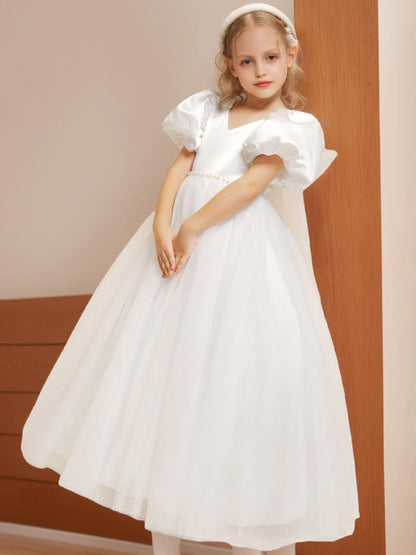 Robe de Petite Fille d'Honneur Ball-Gown/Princesse Col V Longueur Sol À Manches Courtes Bouffantes Avec Perles