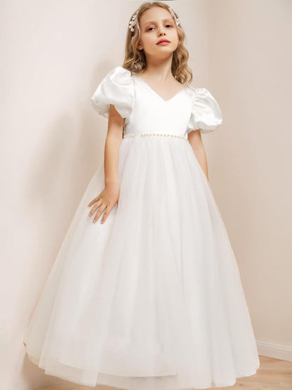 Robe de Petite Fille d'Honneur Ball-Gown/Princesse Col V Longueur Sol À Manches Courtes Bouffantes Avec Perles