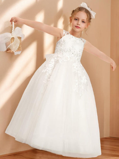 Robe de Petite Fille d'Honneur A-Line/Princesse Col Rond Longueur Sol Sans Manches Avec Perles Et Sequins