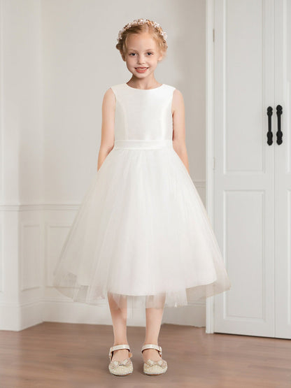 Robe de Petite Fille d'Honneur A-Line/Princesse En Tulle Col Rond Longueur Thé Sans Manches Avec Ceinture