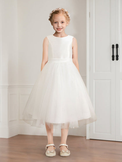 Robe de Petite Fille d'Honneur A-Line/Princesse En Tulle Col Rond Longueur Thé Sans Manches Avec Ceinture