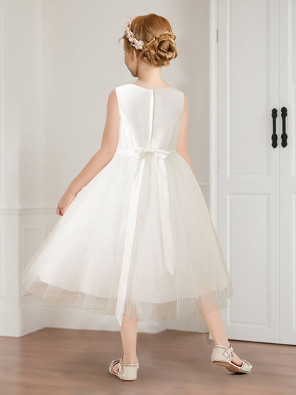 Robe de Petite Fille d'Honneur A-Line/Princesse En Tulle Col Rond Longueur Thé Sans Manches Avec Ceinture