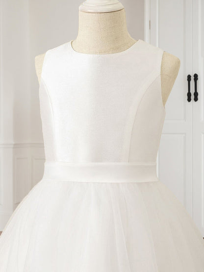 Robe de Petite Fille d'Honneur A-Line/Princesse En Tulle Col Rond Longueur Thé Sans Manches Avec Ceinture