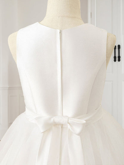 Robe de Petite Fille d'Honneur A-Line/Princesse En Tulle Col Rond Longueur Thé Sans Manches Avec Ceinture