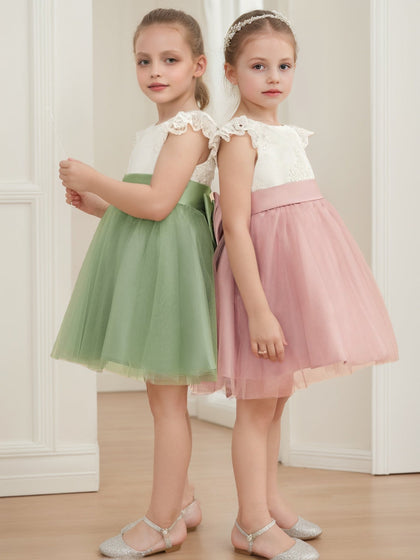Robe de Petite Fille d'Honneur A-Line/Princesse Col Rond Longueur Genou À Manches Courtes Avec Nœud