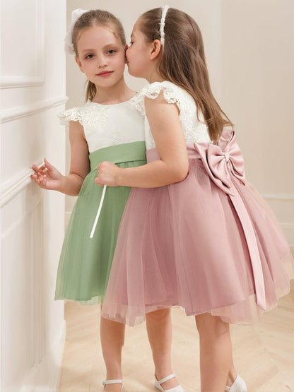 Robe de Petite Fille d'Honneur A-Line/Princesse Col Rond Longueur Genou À Manches Courtes Avec Nœud